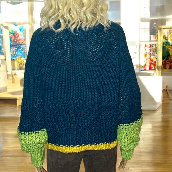 Anthropologie Dr Bloom Tamborito Color Block Sweater Teal Green Yellow - Picture 6 of 8